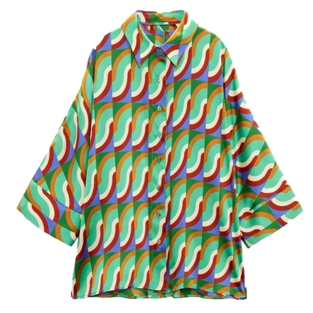 Zara printed multicoloured button shirt kimono sleeves silky fabric oversized S - Image 2