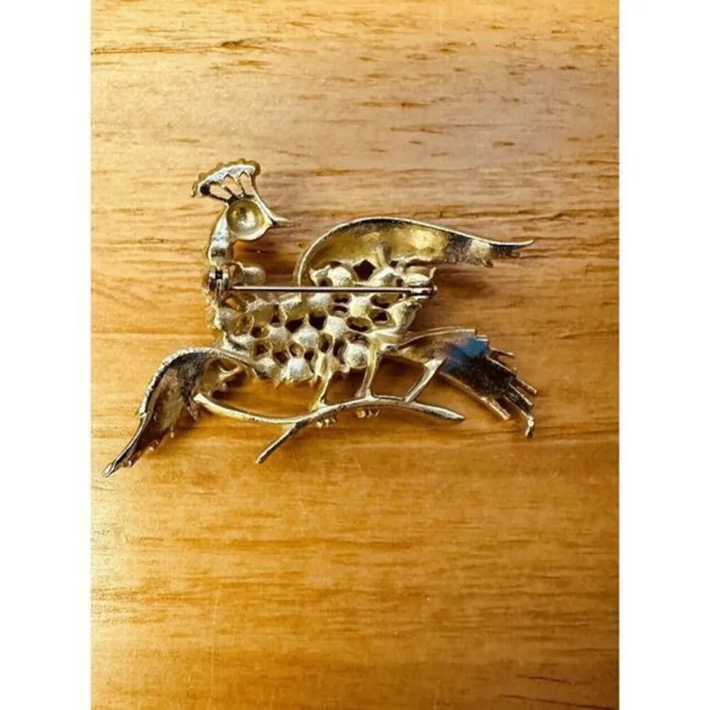 Peacock Lapel Pin Brooch Gold‎ Tone Costume Pearl Accents Fashion Jewelry Gold - Image 5