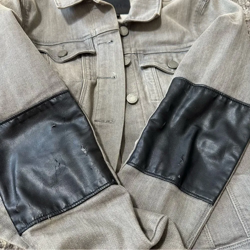 Paige Denim Womens Size M Gray with Faux Black Leather Elbow Patches Jean Jacket - Image 11