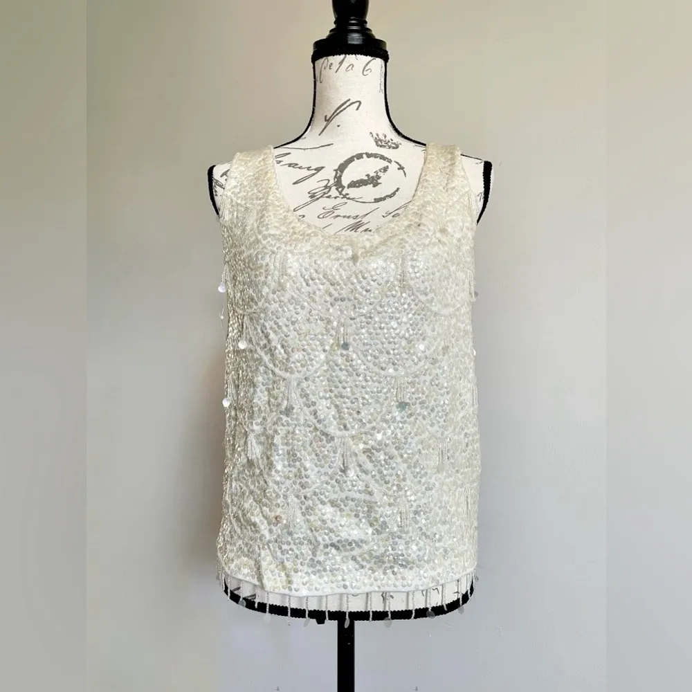 VTG 60s Asahi Bemsilkie Glam Iridescent Sequined Beaded Knit Sleeveless Top - Image 2