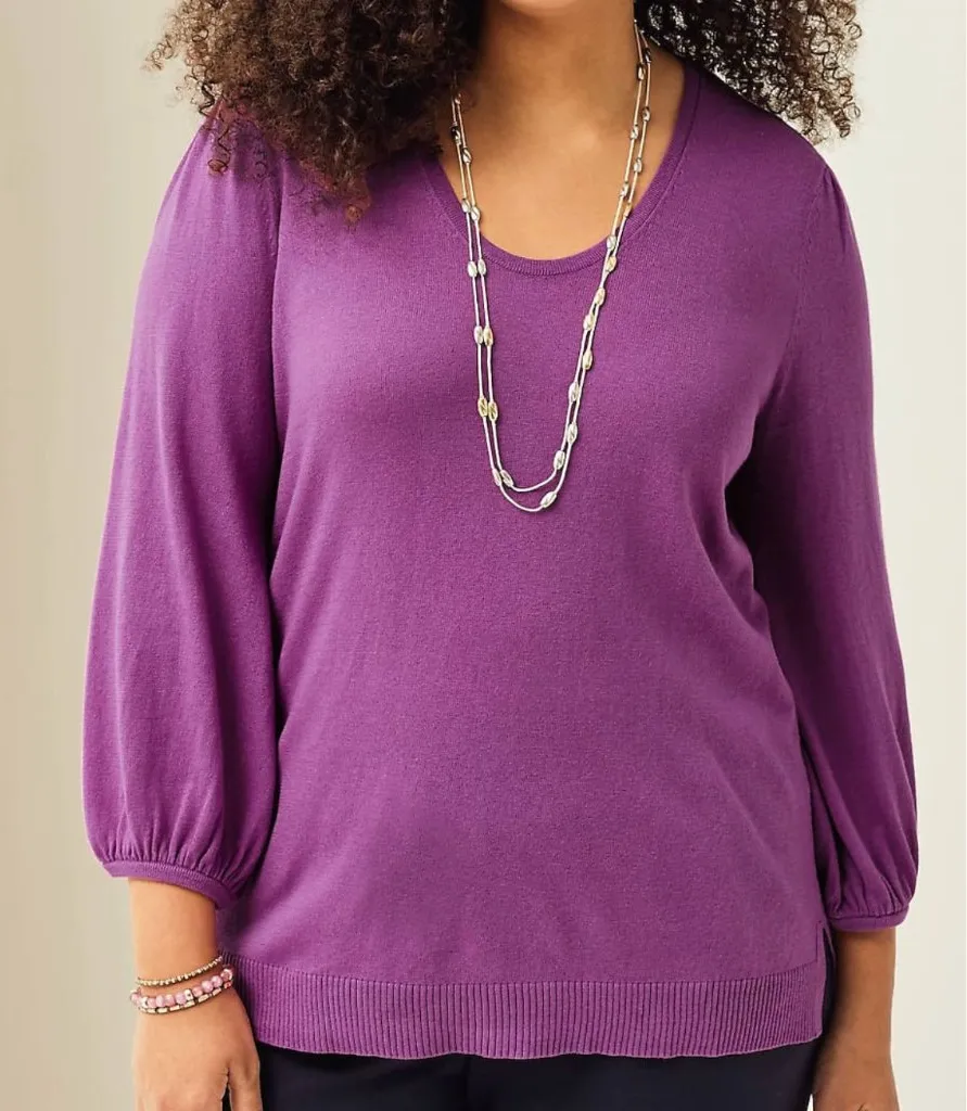 J. JILL Wearever Collection Silk Blend Blouson Sleeve Sweater Purple 3/4 Sleeve Size L - Image 1
