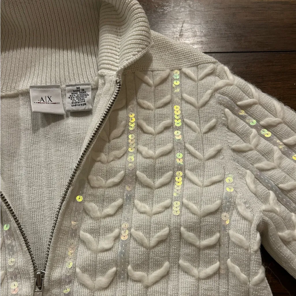 Armani Exchange Ivory Sequined Cable Knit Zip Up Cardigan Sweater Size Medium - Image 4