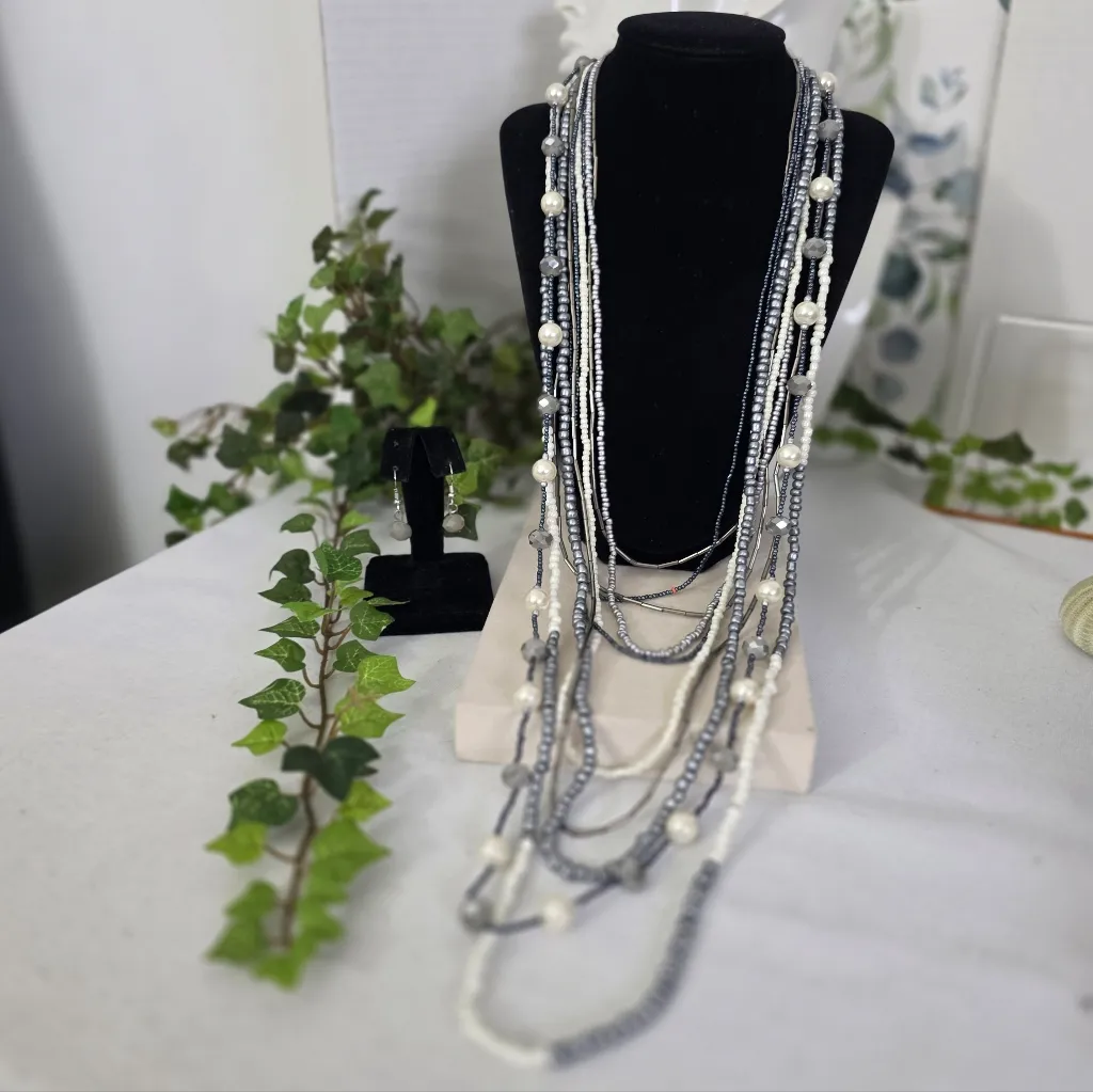 Silver Statement Long Multi Strand Necklace and Earrings Set - Image 2