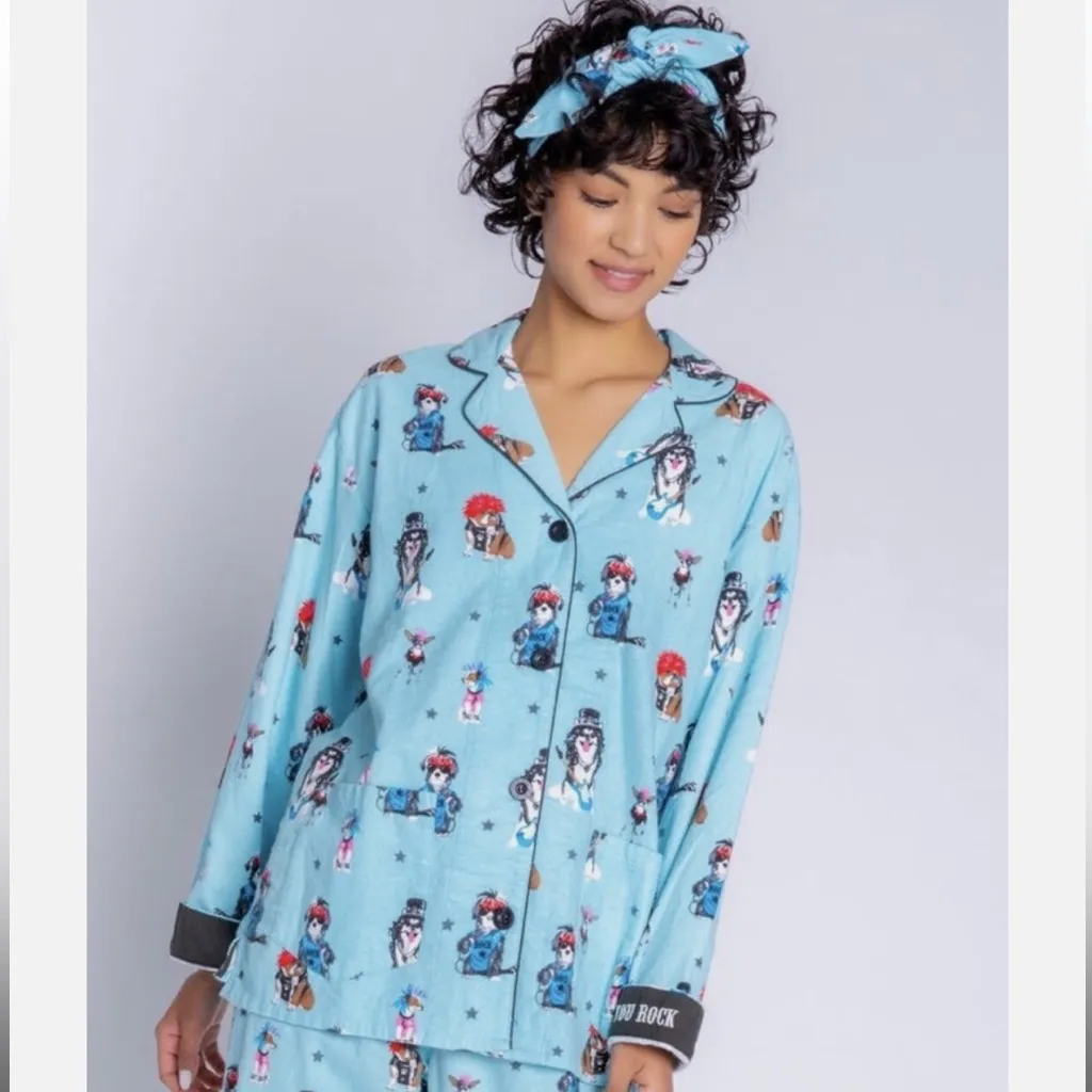 PJ Salvage Flannel Pajamas Set w/ Headband Aqua Sz S NWT Fun Rocker Dogs! Blue - Image 3