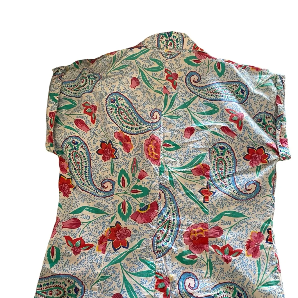 Vintage 100 % Cotton Paisley Floral white blue pink button up shirt top classic Size M - Image 8