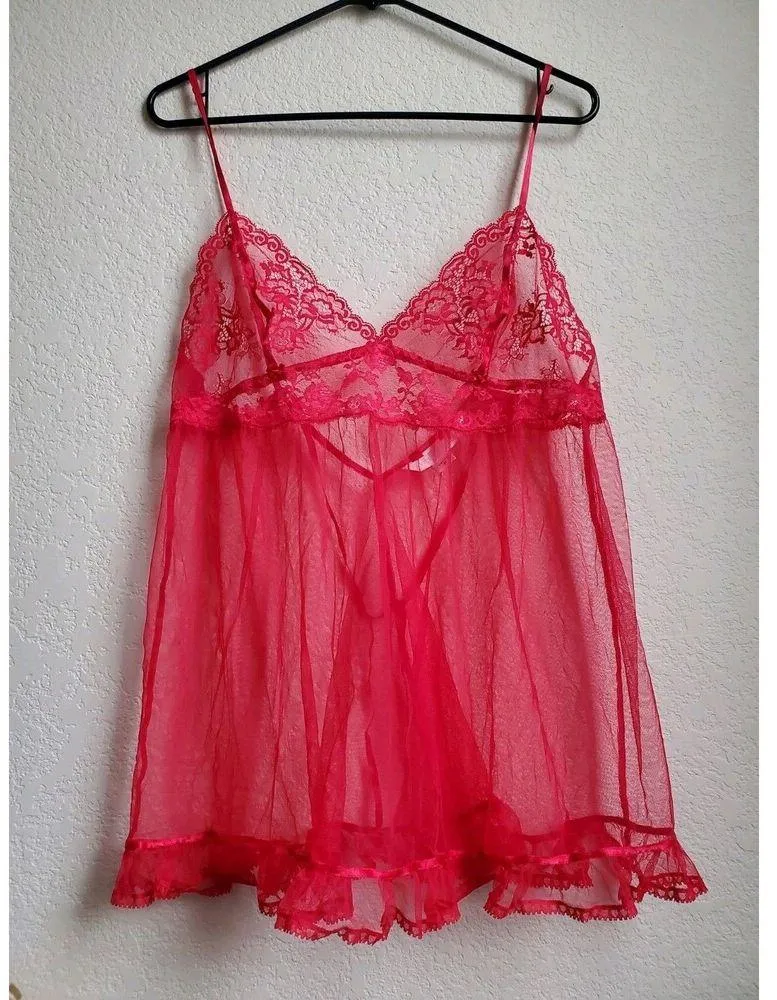 Victoria's Secret Babydoll Women Small Red Lace Bow Slip Dress Sheer Cami Ruffle - Image 12