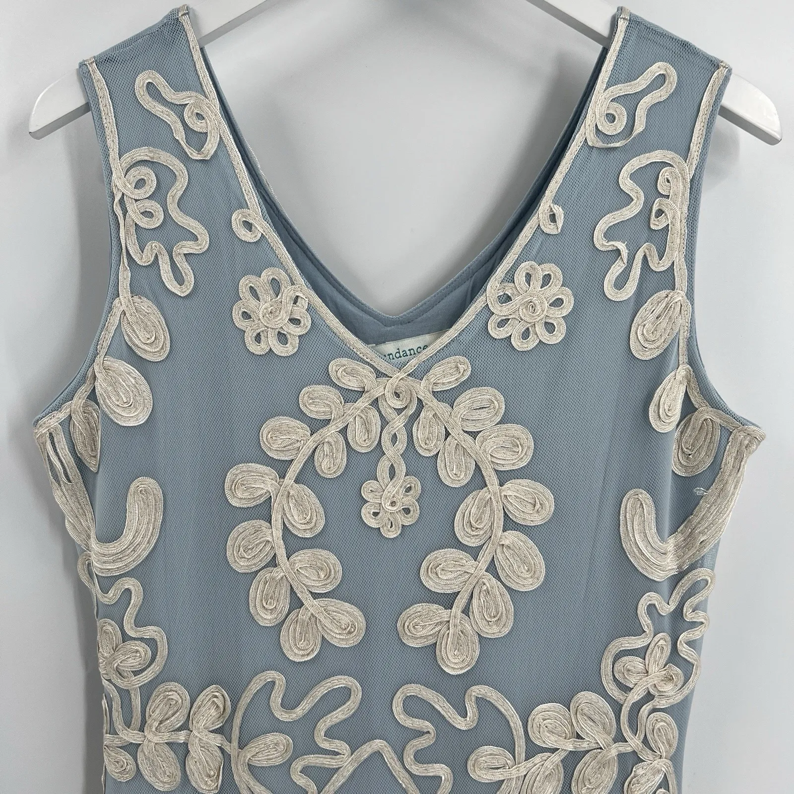 Sundance Cameo Dress Large Floral Appliqué Lace Overlay Winter Sky Blue Feminine - Image 3