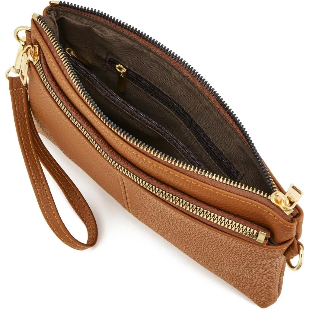 ⚡Women's Lightweight Brown Triple Zip Vegan Leather Clutch Wristlet Bag - Image 4