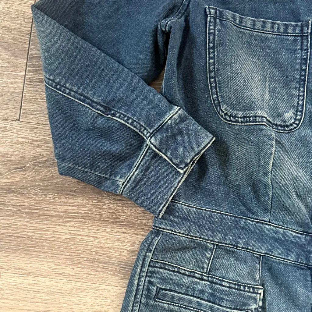 Free People Denim Romper in Dark Blue Womens Long Sleeve Collarless Size 4 - Image 3