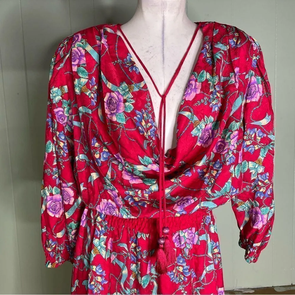 Vintage 80s Designer Diane Freis 100% Silk Beaded Plunge‎ Floral Midi Dress S M Red - Image 5