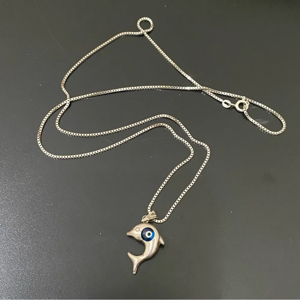 Unique Vintage 925 Sterling Silver Dolphin Blue Evil Eye Pendant 24” Necklace 7g - Image 4