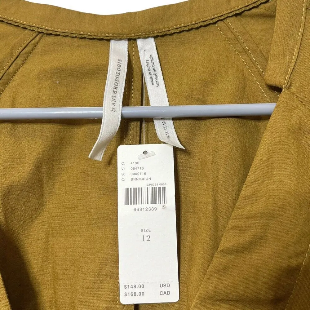 Anthropologie NWT Puff Sleeve Mini Shirtdress Brown Women’s Size 12 Pleated - Image 13