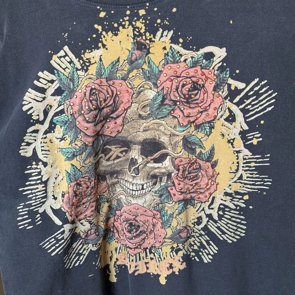 Y2K Avirex Black Skull Rose Rhinestone T - Image 3