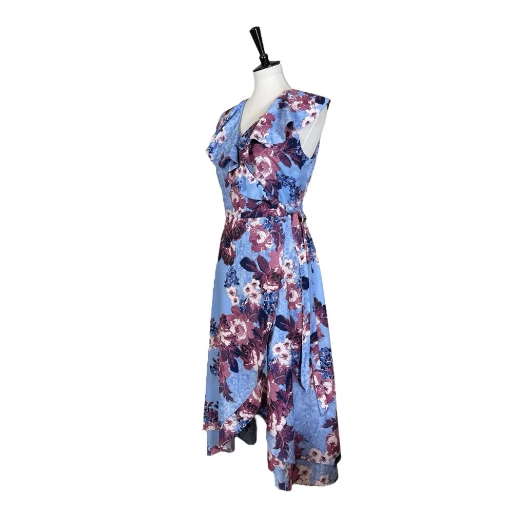 Alex Marie Wrap Dress Midi Ruffle Top Sleeveless Blue Pink Floral Women’s Size 6 - Image 6