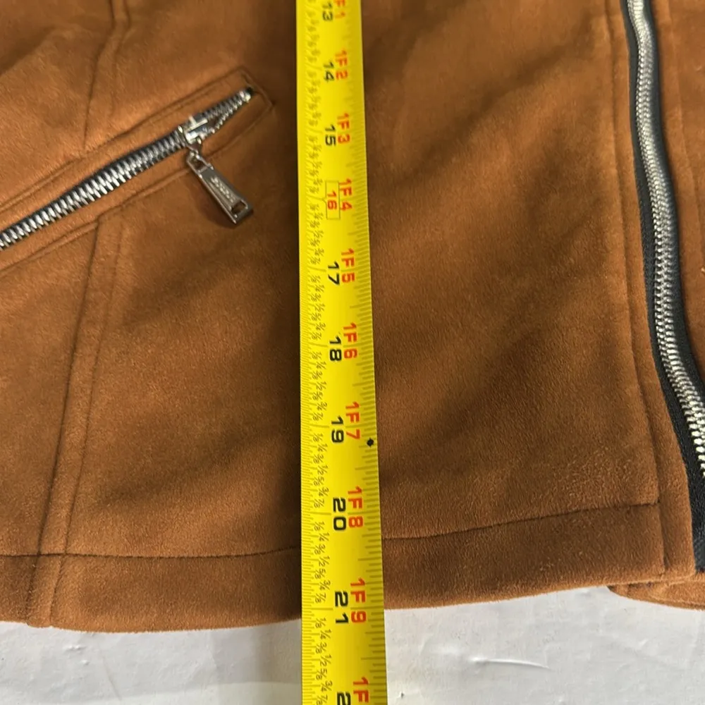 Jou Jou Brown faux Leather suede Jacket waist length Zipper Details moto L fall Size L - Image 14