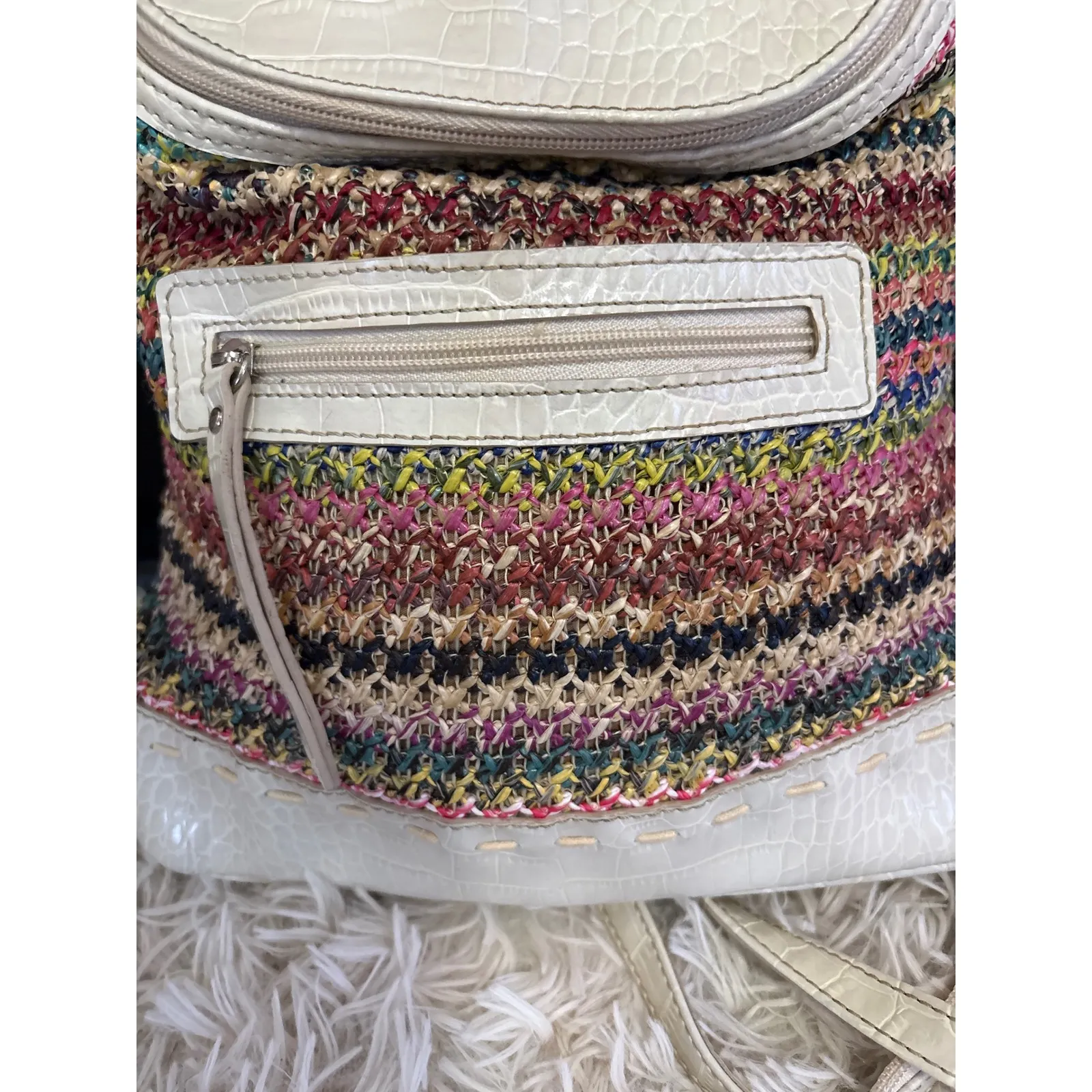 Crazy Horse Woven Crochet Backpack Cream Faux Croc Trim Top Handle Zip Front White - Image 3