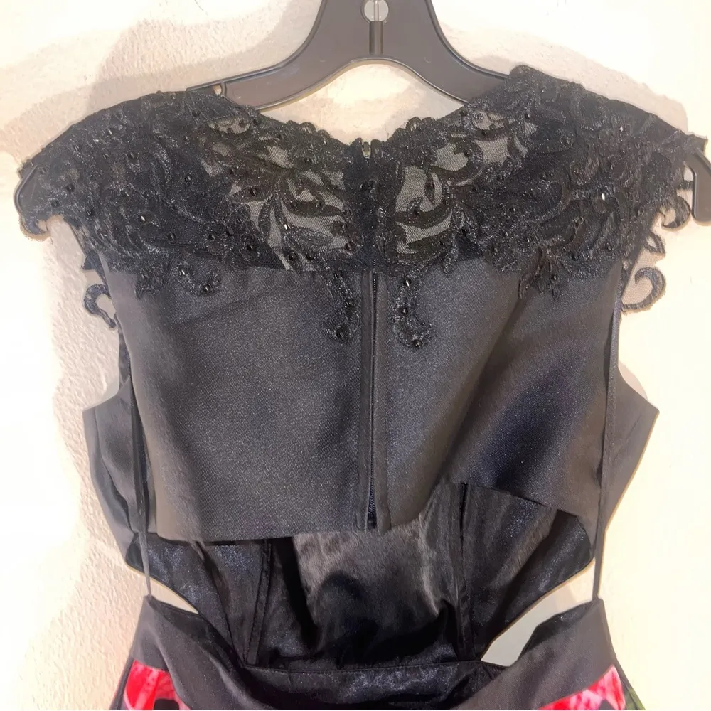 Splash One Piece Side Cutout Black Pink Floral Hoco Dress 8 - Image 11