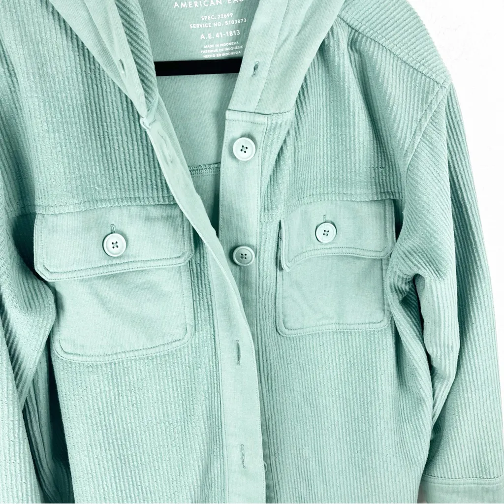 AMERICAN EAGLE Green Chest Pockets Long Sleeves Hoodie Button Shacket Medium - Image 8