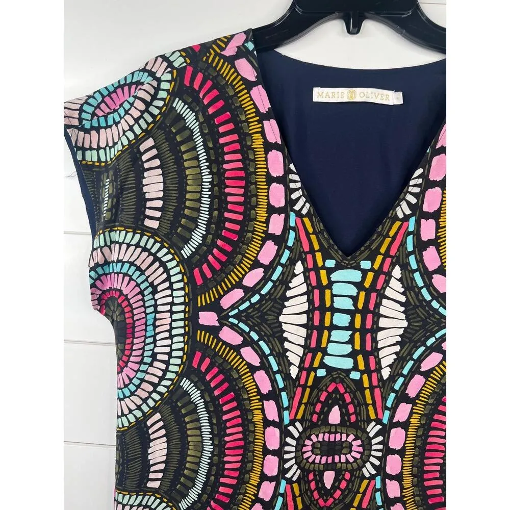Marie Oliver Colorful Print V Neck Short Sleeve Shift Dress Size S Silk - Image 4