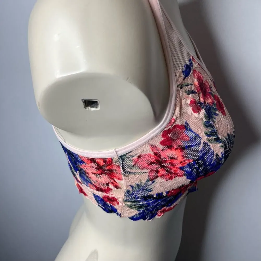 PINK Victoria's Secret Bra XS Floral Pink Purple Racerback Mesh Scoop Neck Lined - Image 4