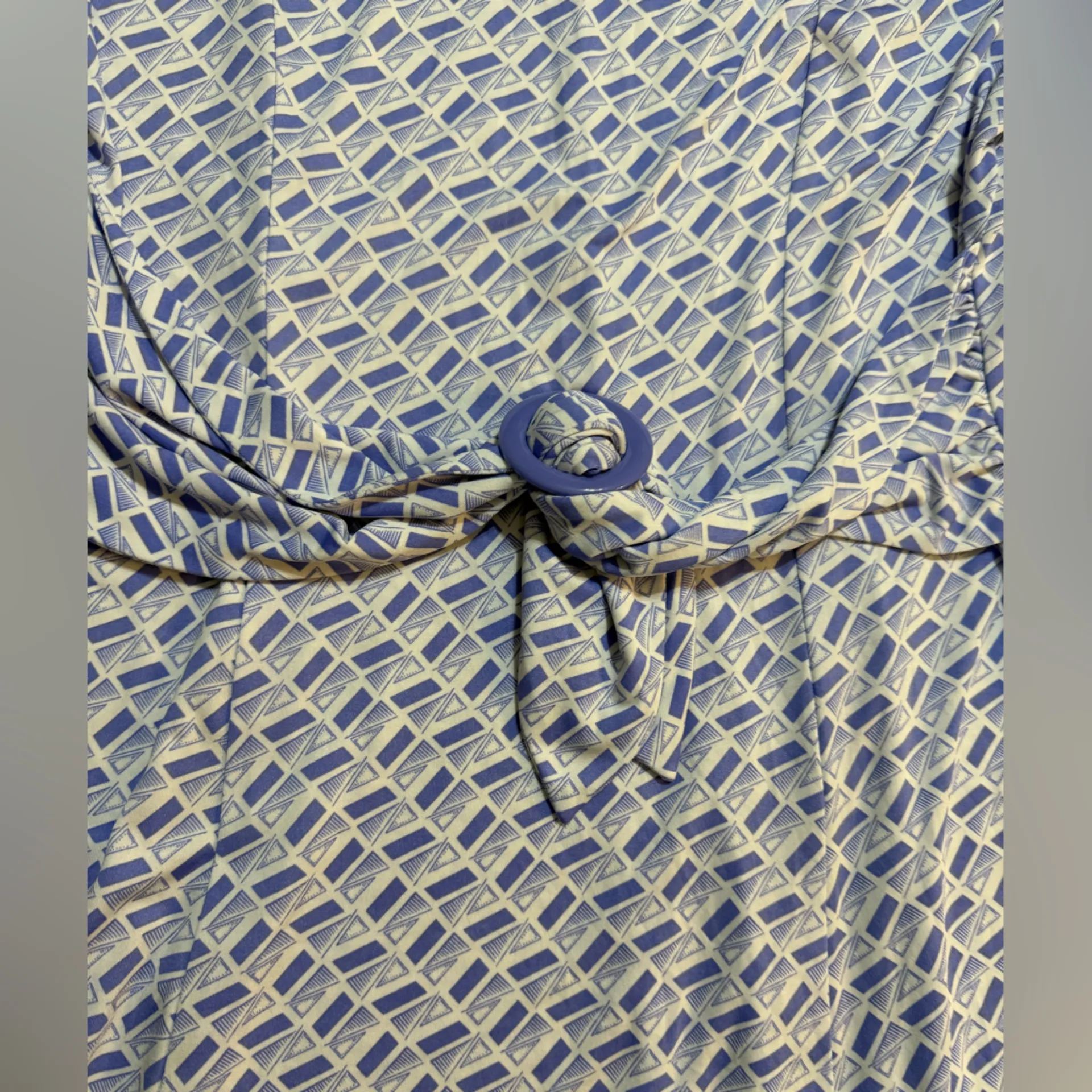 Vintage Purple & White Geometric Patterned Midi Dress Retro Belt Detail Sz XL - Image 9