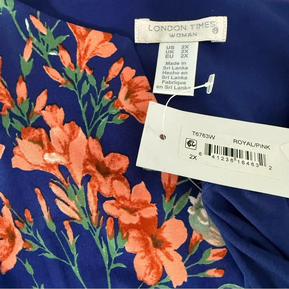 London Times Plus Size Printed Split-Neck Shift Dress Royal/Pink Women’s Sz 2X - Image 7