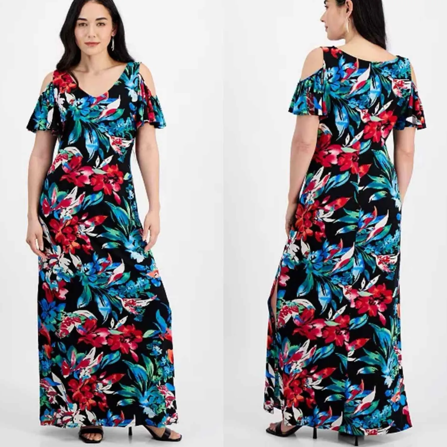 Connected Petite Dark Floral Tropical Cold-Shoulder Maxi Dress Size 6 Petite - Image 7