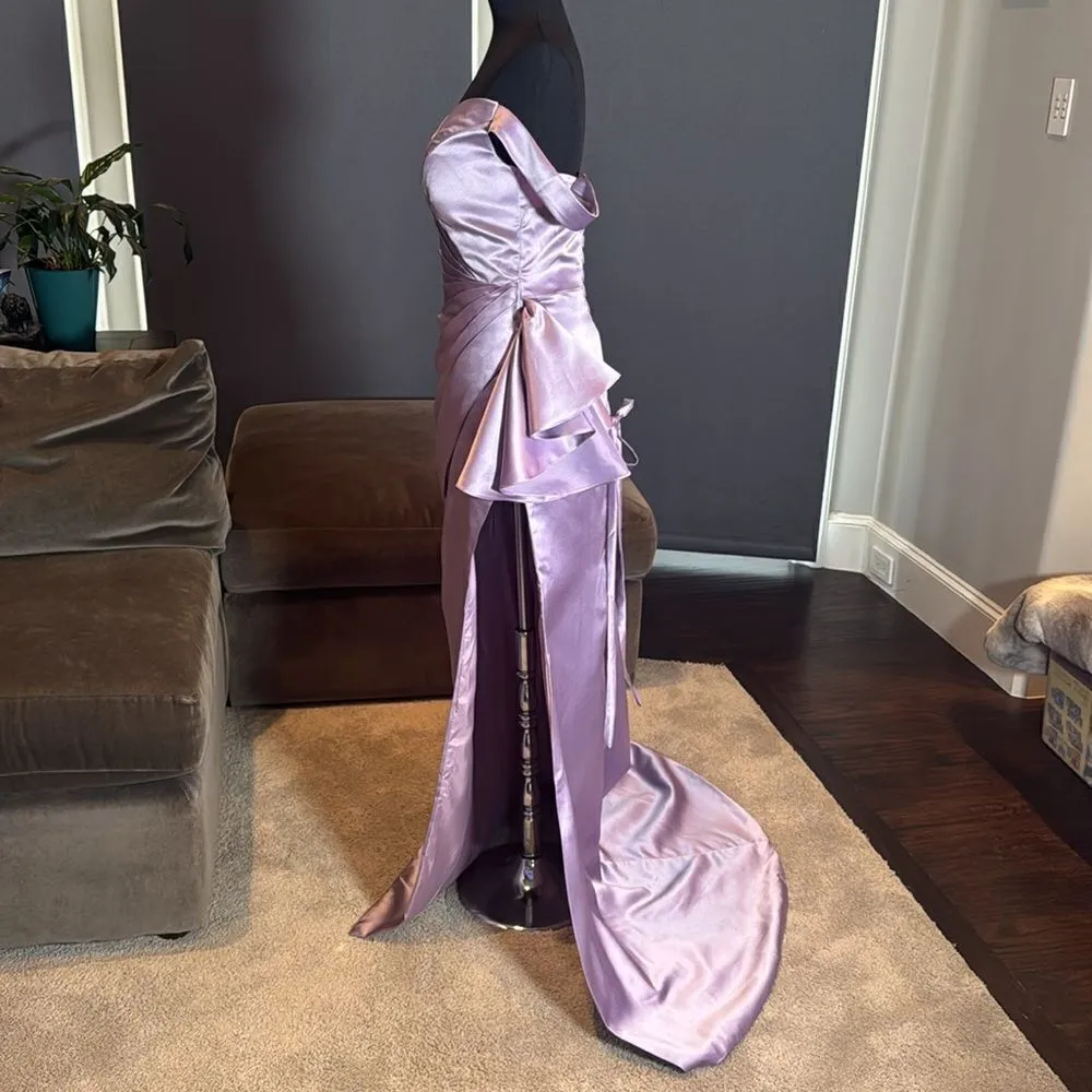 Full Length Purple Satin Off the Shoulder Mermaid Fit Prom Formal Dress Size 6 - Image 4