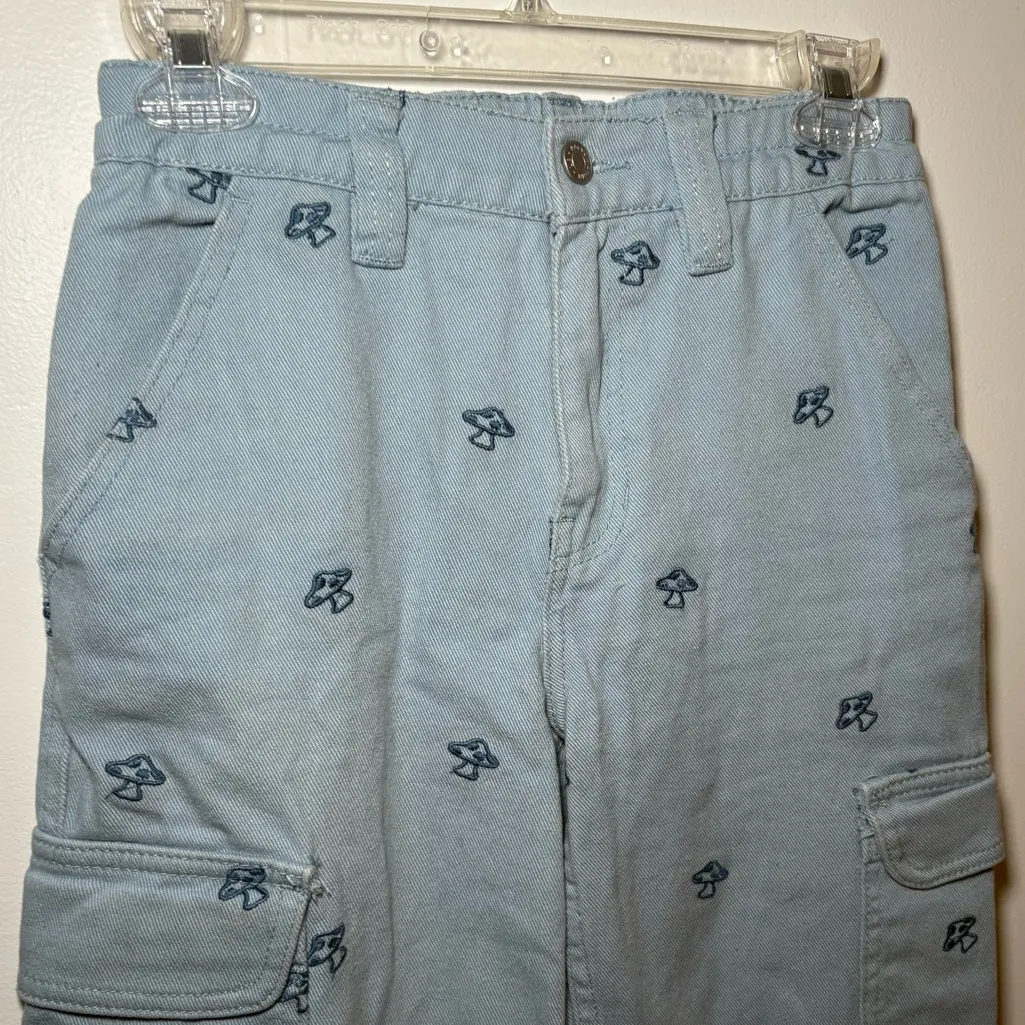 Pacsun Womens XS Blue Baggy Carpenter Mushroom Novelty Cargo Pants Embroidered - Image 4