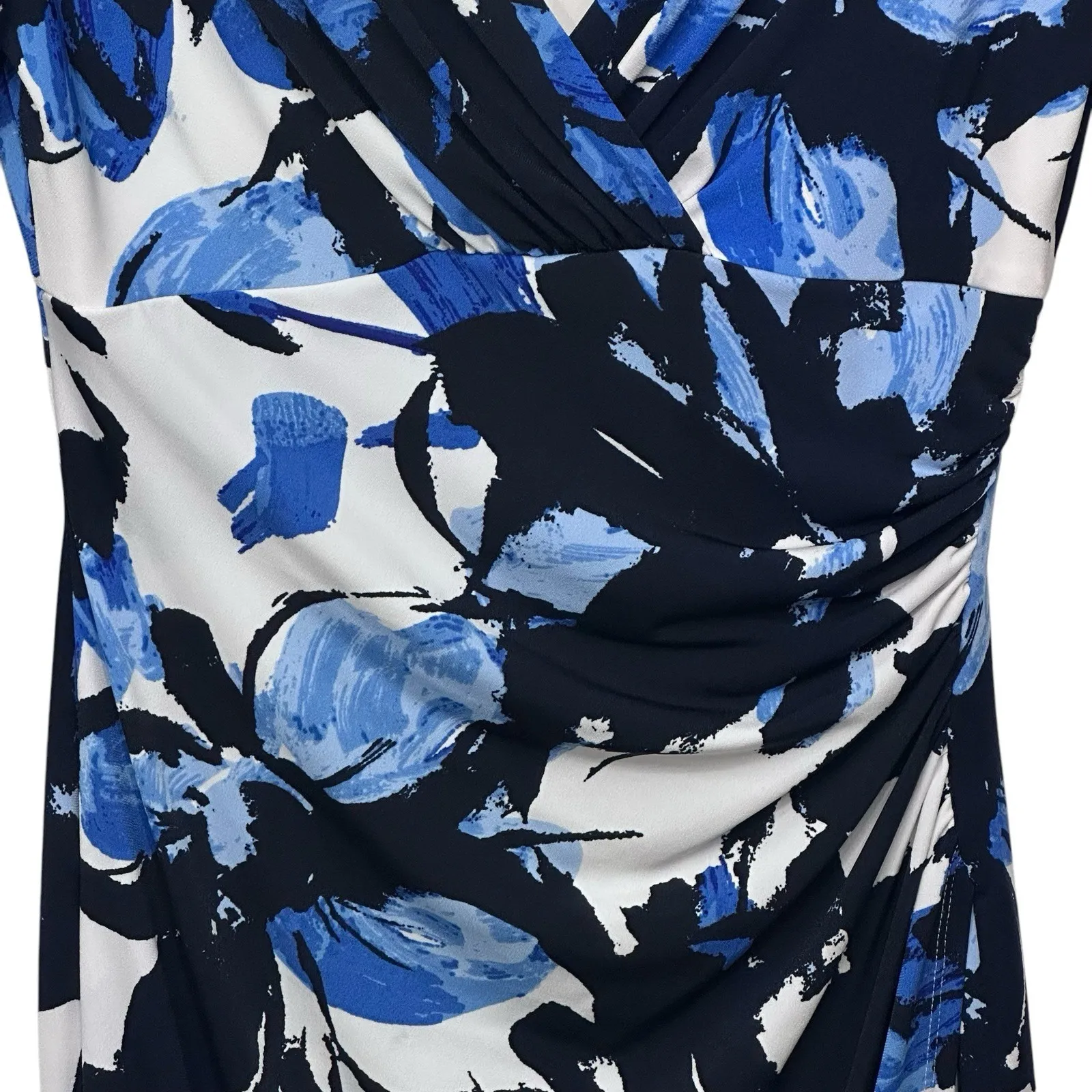 Ralph Lauren Women's‎ Dress Floral Navy Ceil Blue On White Size 4 Petite Ruched - Image 2