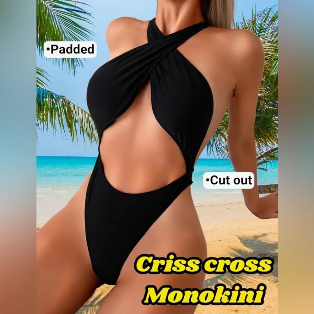 Kaei&Shi One Piece Swimsuit Women Cut Out Criss Cross Thong Monokini Black M Size M - Image 2