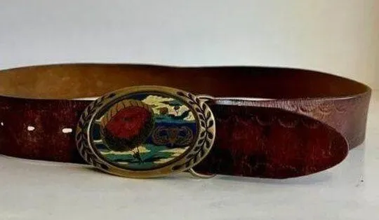 Vintage Handmade Embossed Genuine Leather Solid Brass Colorado Buckle Belt | L Brown Size L - Image 1