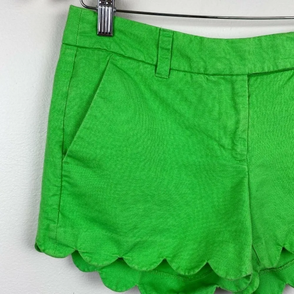 J. Crew Shorts 0 Green Linen Cotton 4" Scalloped Hem Pockets Summer Casual Women - Image 2