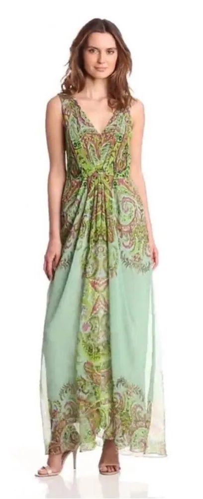 YOANA BARASCHI Silky Sleeveless Maxi Dress Paisley Boho Print Multi Color Size 8 - Image 1