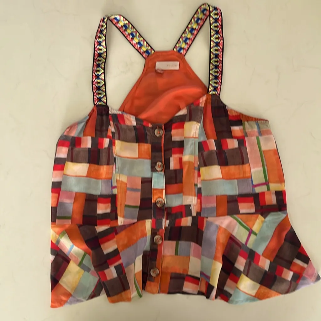 XS Anthropologie Pilcro Buttondown Embroidered Peplum Tank Top Orange - Image 2