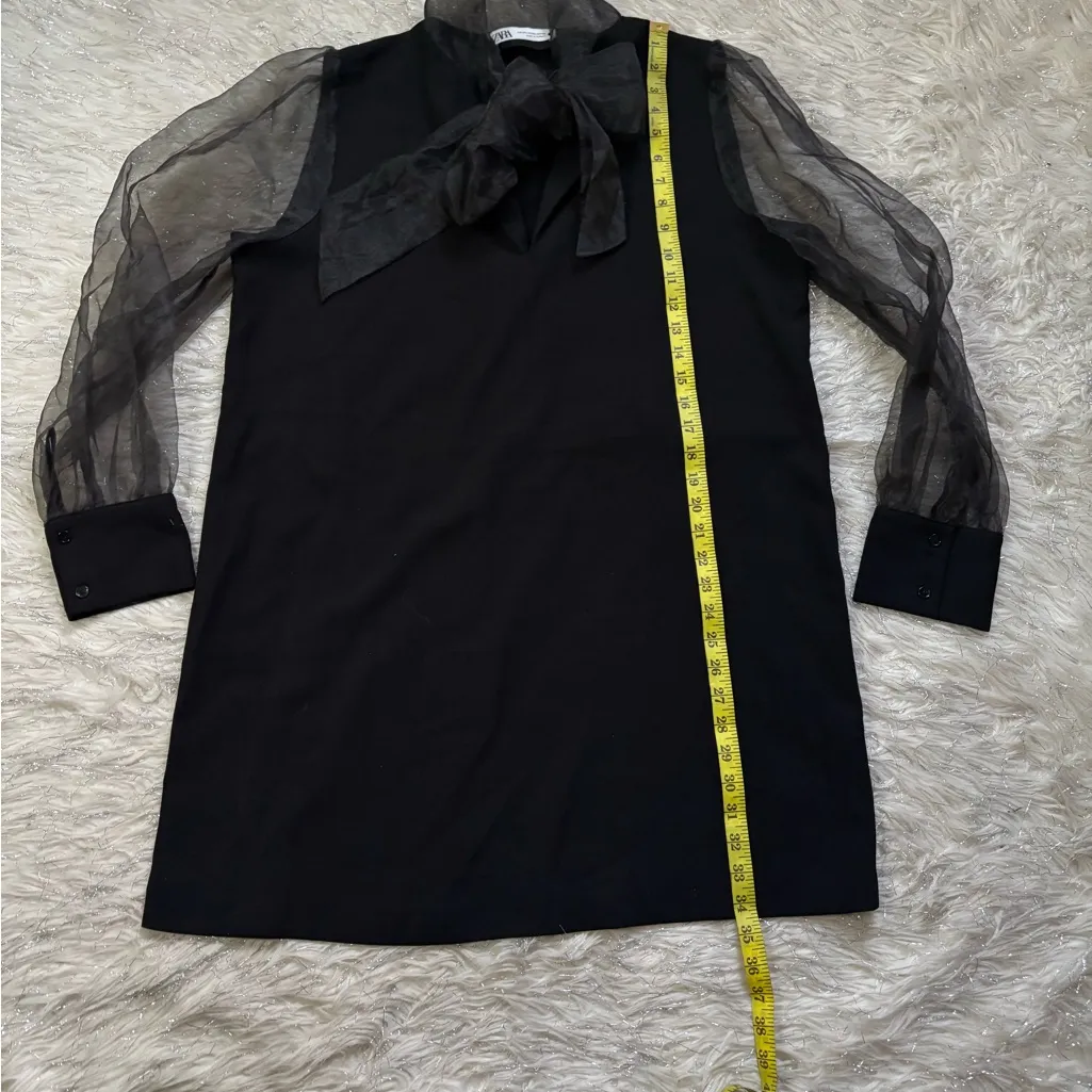 Zara Black Organza Bow Tie Neck with Sheer Puff Long Sleeves Dress size XXL - Image 9