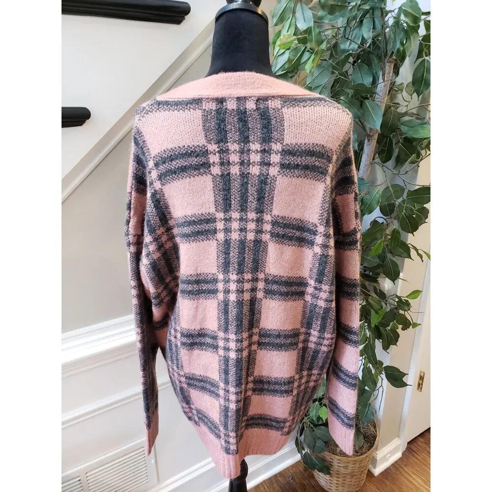 The Be Brand Cardigan Sweater Women's Medium Pink Plaid Stretch Button Front - Image 5