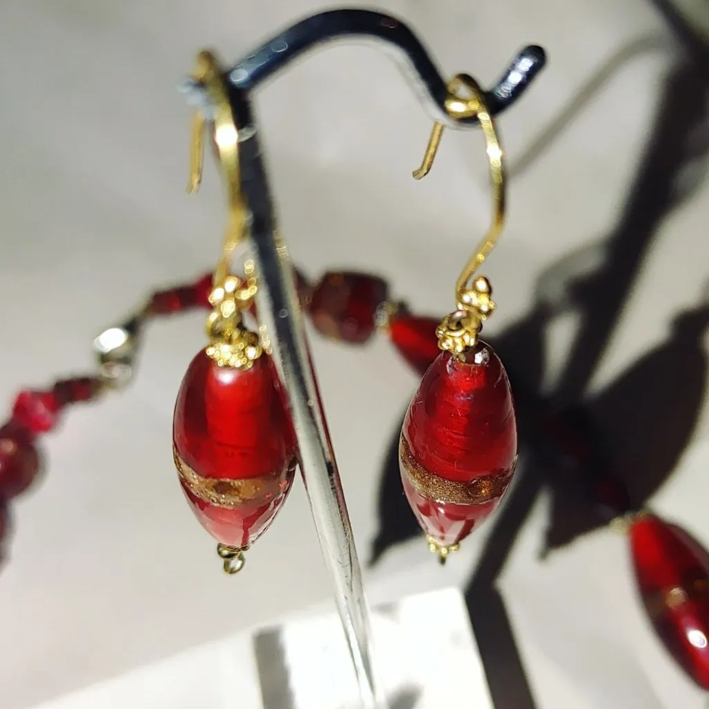 Red Murano Glass Necklace Earrings Vintage Set Gold Accents 17 Inch French Hook - Image 11