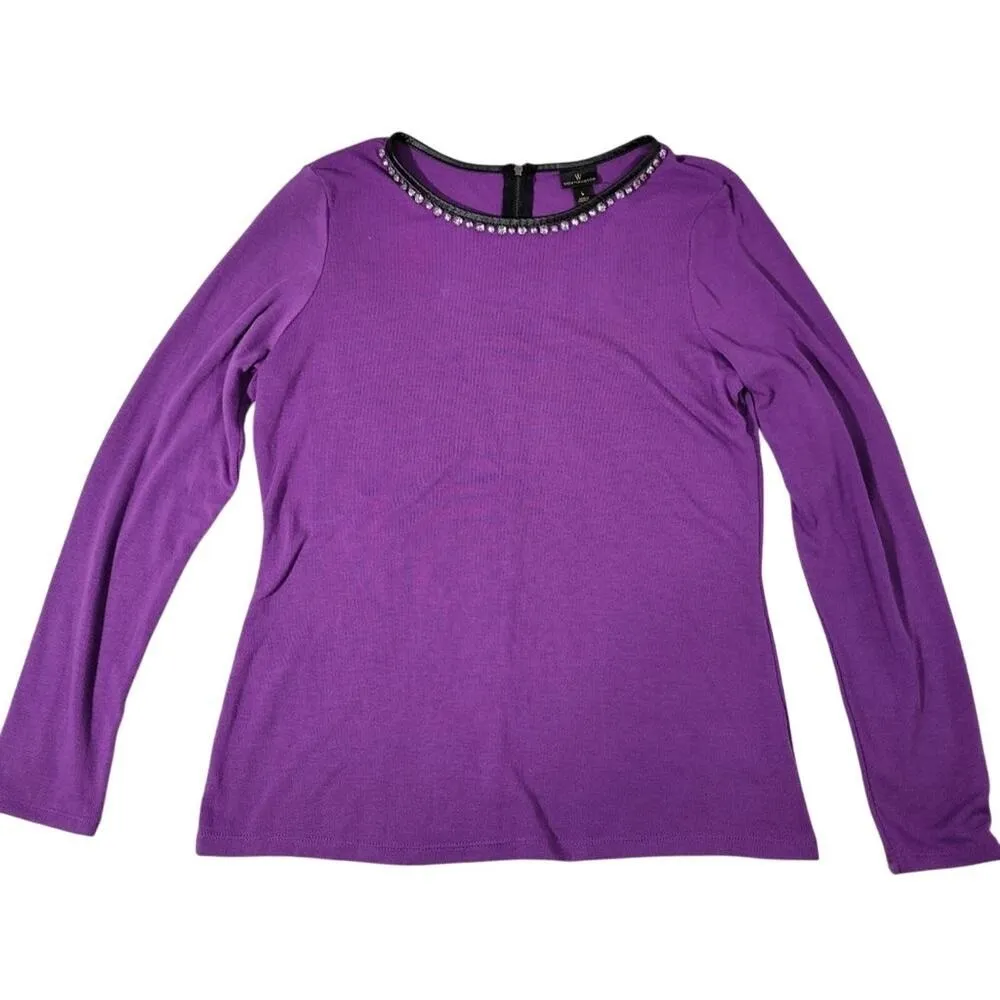 Worthington‎ Purple Long Sleeve Rhinestone Embellished Zipper Neck Top Shirt L - Image 6