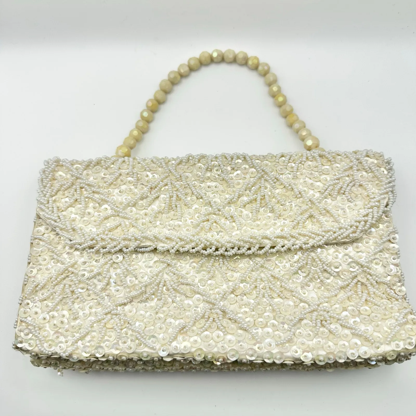 Vintage Ivory Silk Bead Sequin Double Flap Evening Top Handle Bag Hong Kong - Image 6