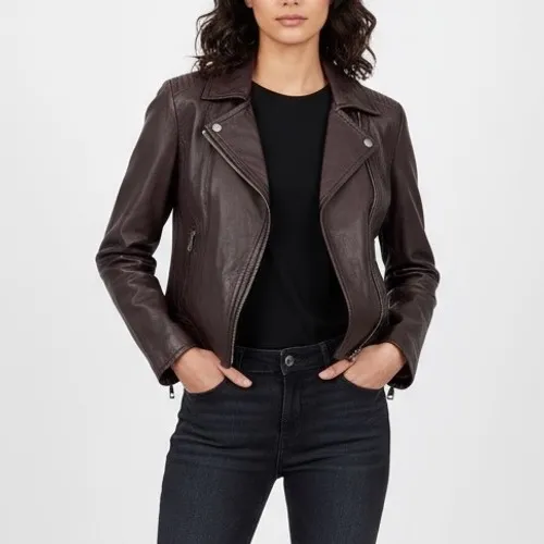 Weekend Max Mara Womens Leather Moto Jacket Burgundy Asymmetrical Zip Moto Style Brown Size 6 - Image 3