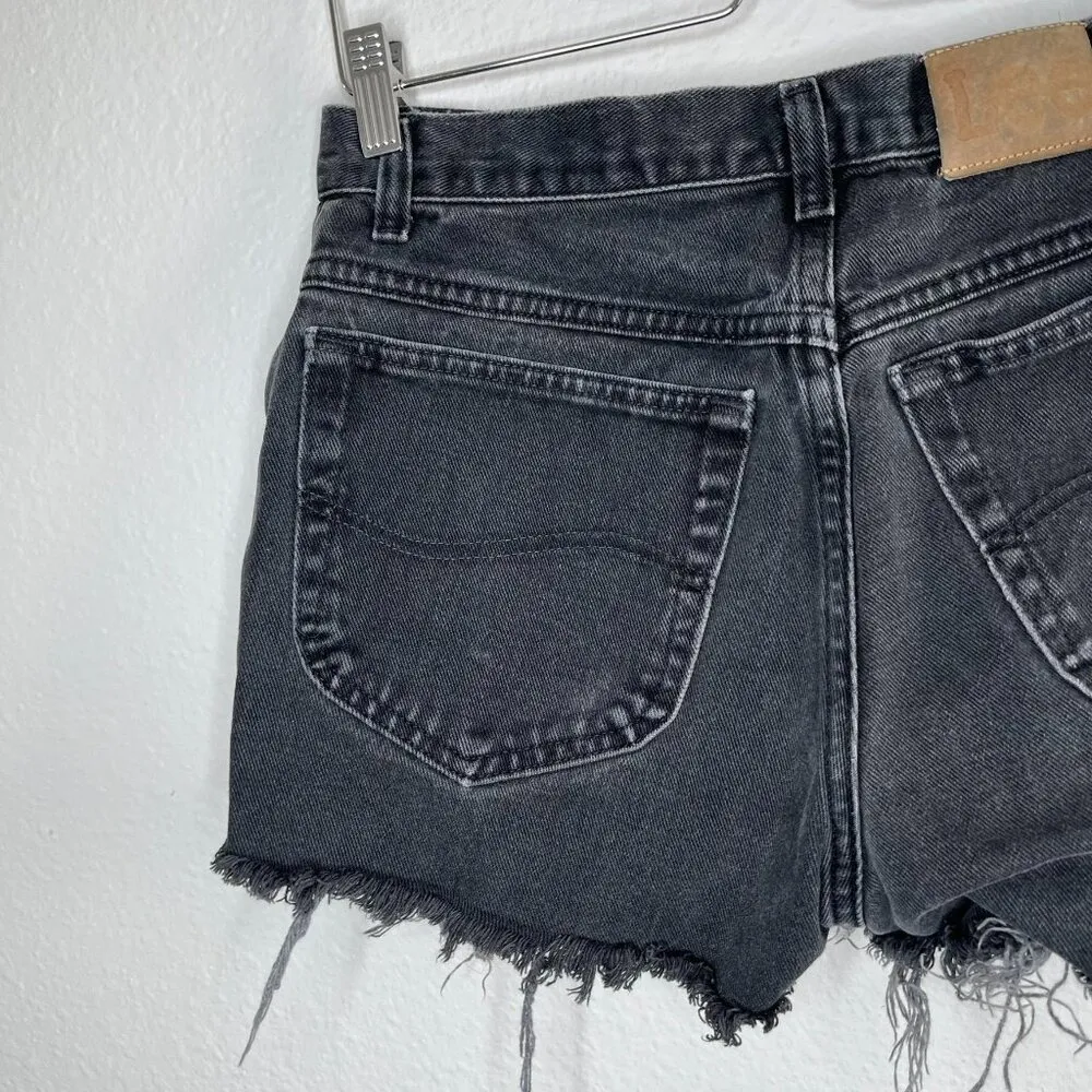 Vintage Lee High-Waisted Black Denim Cutoff Shorts With Distressed Hem Size 6/28 - Image 4