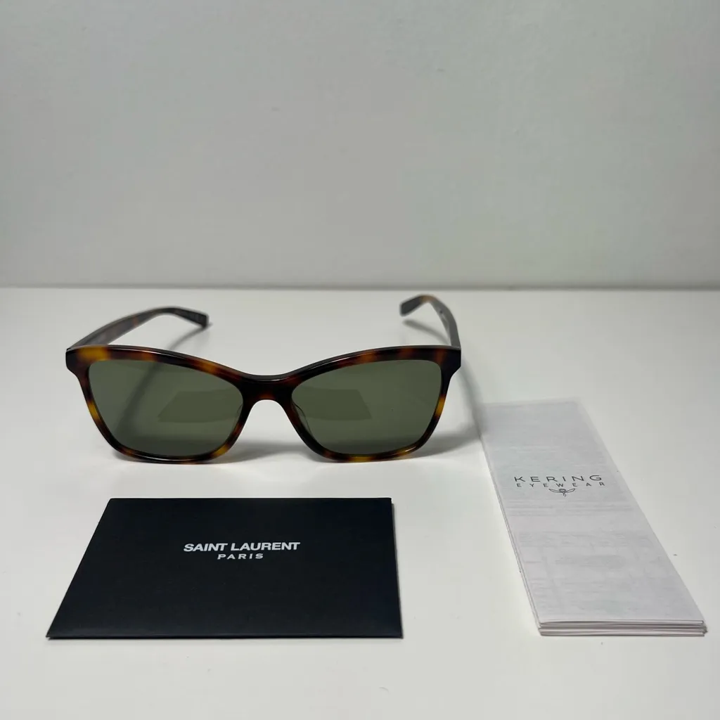 Saint Laurent YSL Logo Tortoise Shell Havana Green Cat Eye Square Sunglasses - Image 5
