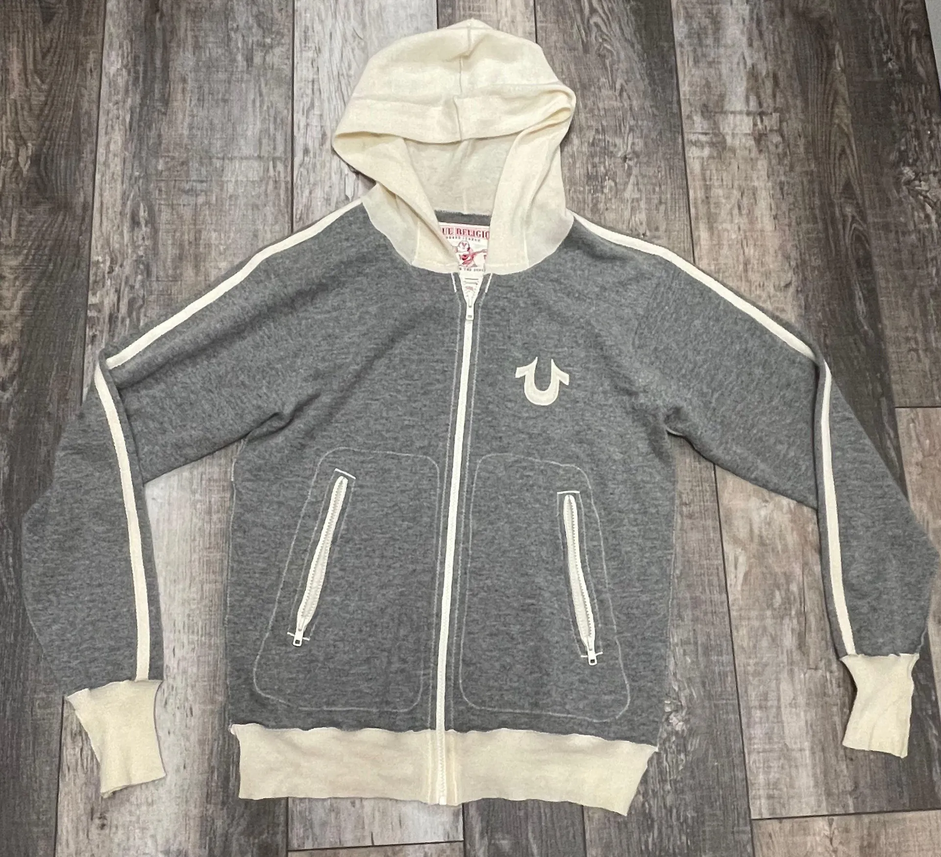 Vintage Rare  Buddha Gray and Cream Cashmere Hooded Jacket Sz Large - Image 2