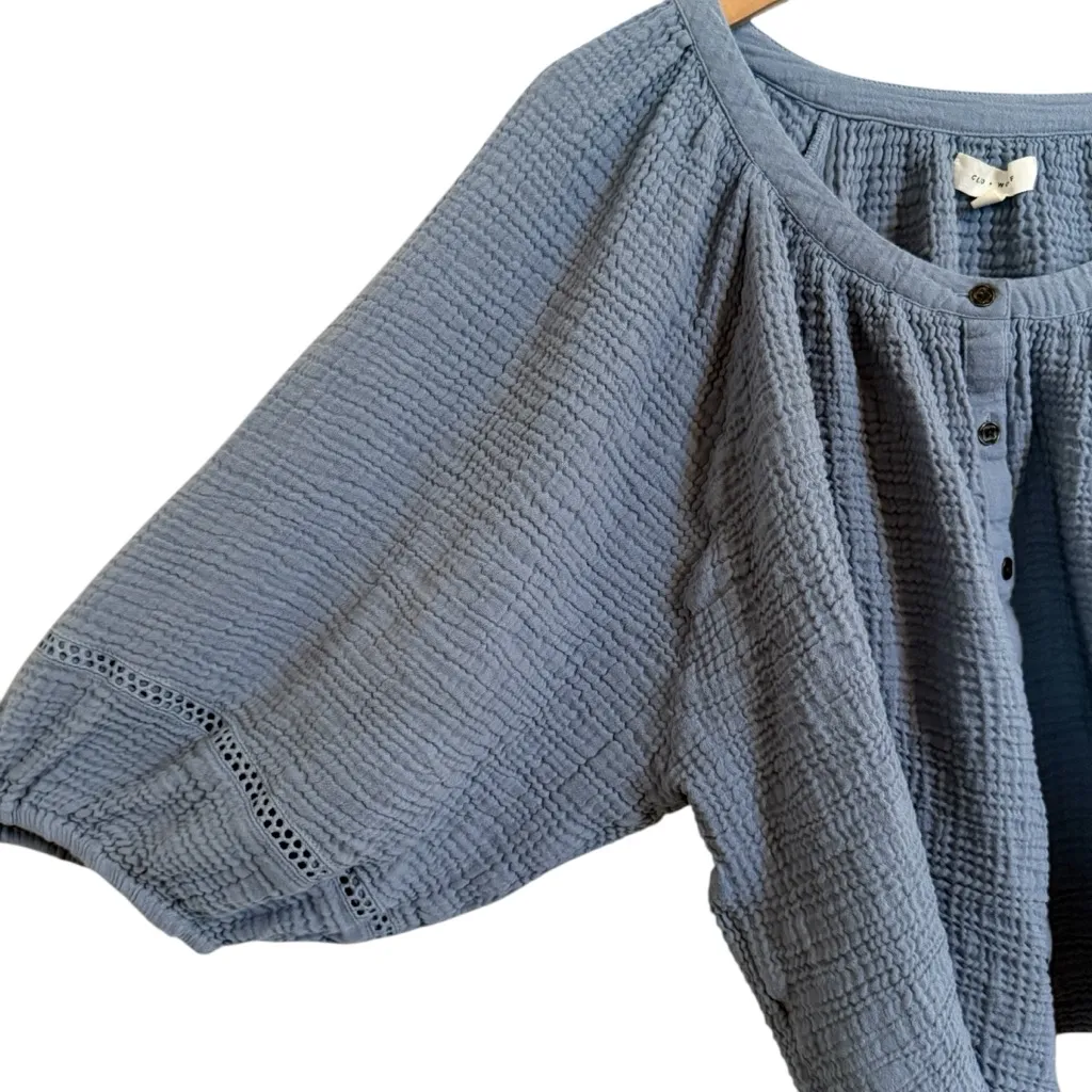 Cleo + Wolf Women's Brie Crochet Trim 3/4 Long Sleeve Shirt Women’s Size XXL Blue - Image 5