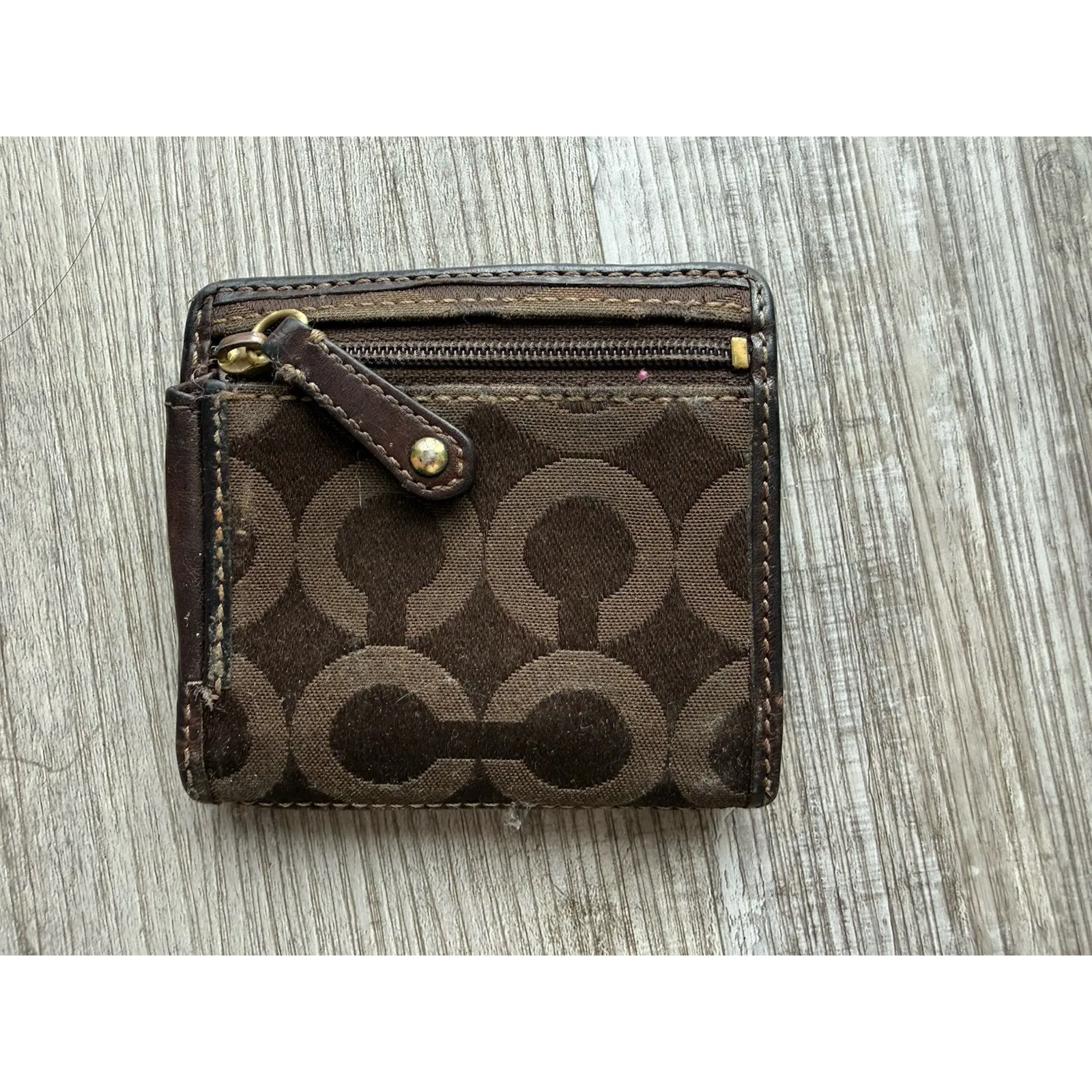 COACH Brown Signature Optic Carriage Bifold Mini Wallet Card Slots - Image 5