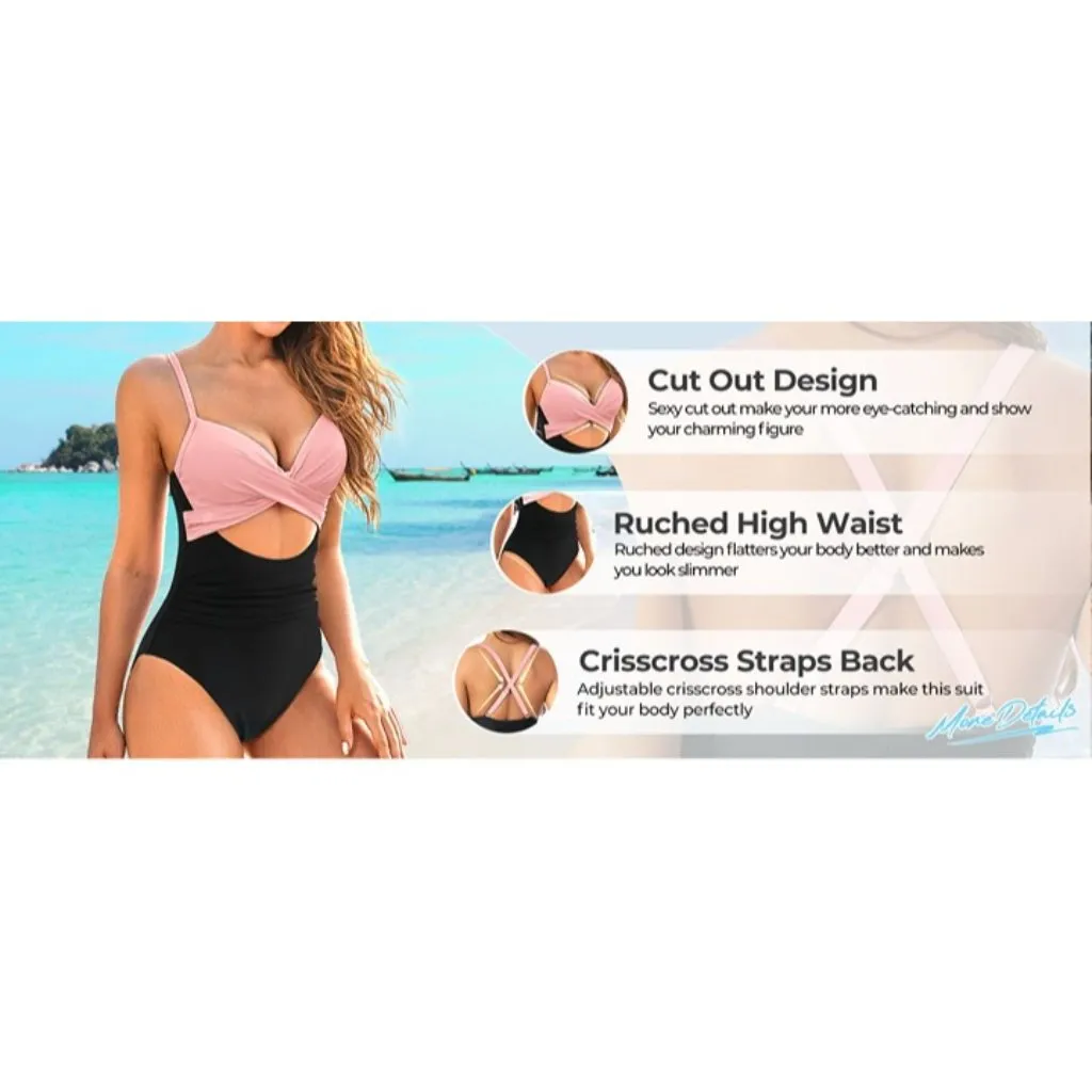 Solid BLACK Wrap Cut Out One Piece Swimsuit High Waisted Monokini SMALL - Image 7
