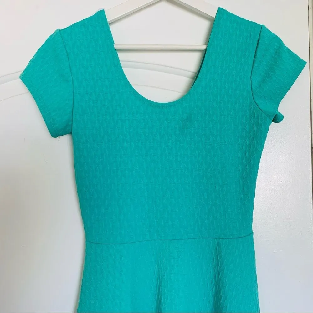 Women's Bright Green Textured Stretchy Fit & Flare Mini Dress Sundress | Size S Blue - Image 6