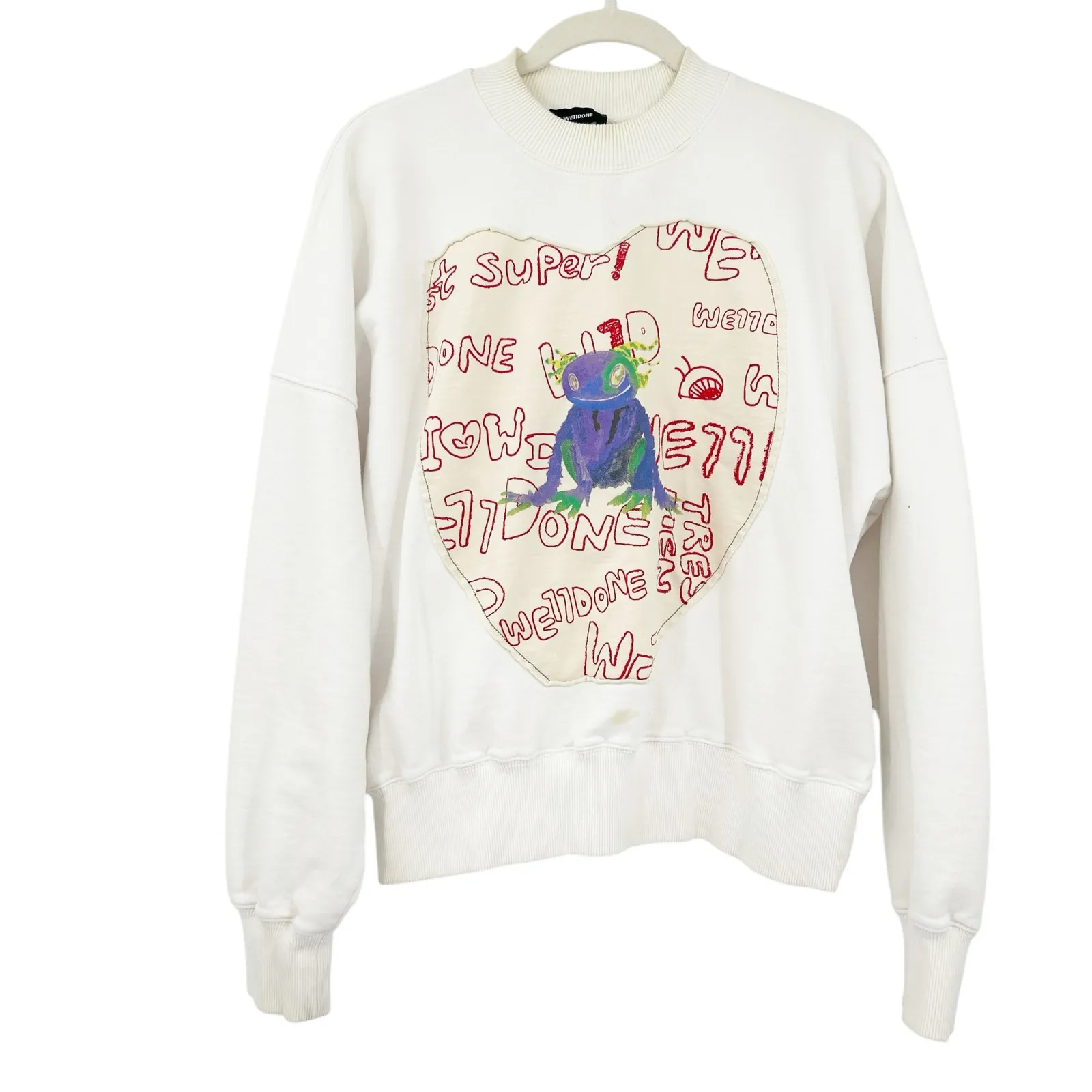 We11done Unisex Streetwear Graffiti Patch‎ Graphic Crewneck Sweatshirt Size S White - Image 2