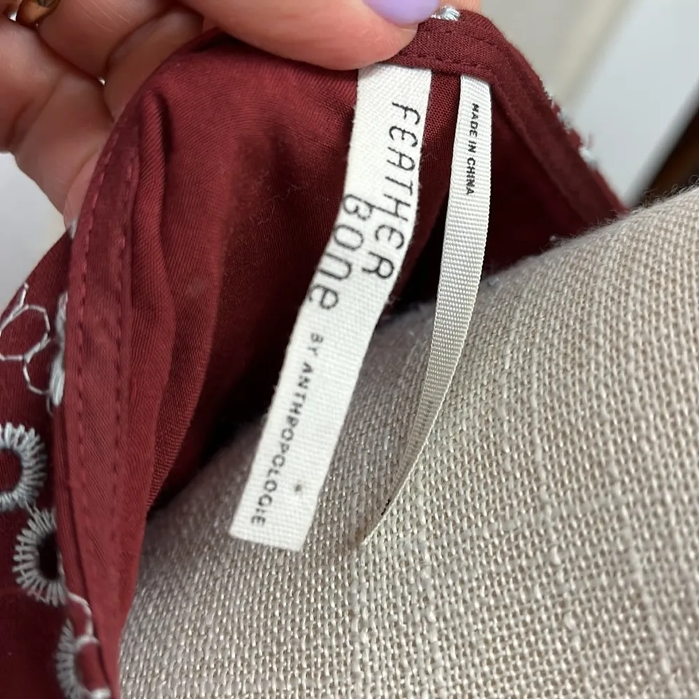 Anthropologie Feather Bone Maroon with Blue Embroidery Ruffle Dress XS - Image 5